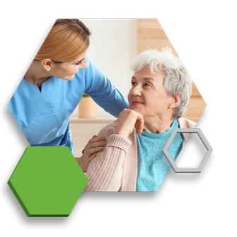 Caregiver talking to resident at a senior care community