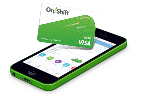Mobile device showing OnShift Wallet dashboard and an image of the OnShift Wallet debit card